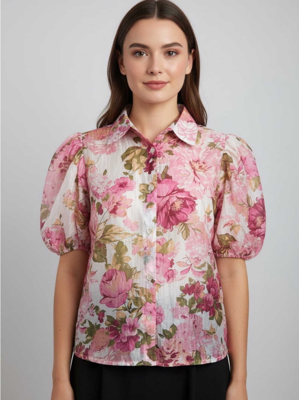 Pink Floral Puff-Sleeve Button-Down Shirt